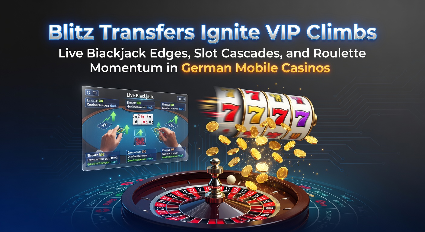 Smartphone mit Blitz-Transfer-Symbolen und VIP-Stufen in einem mobilen Casino-App, umgeben von Blackjack-, Slot- und Roulette-Elementen