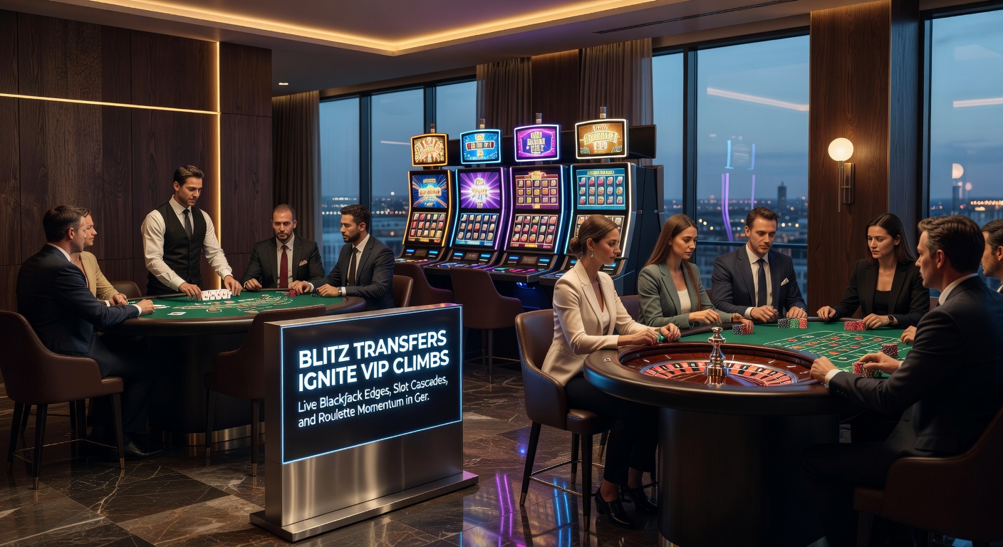 Dynamische Darstellung von VIP-Stufen mit aufsteigenden Pfeilen, Live-Blackjack-Tischen, kaskadierenden Slots und rotierendem Roulette-Rad auf einem Mobilgerät