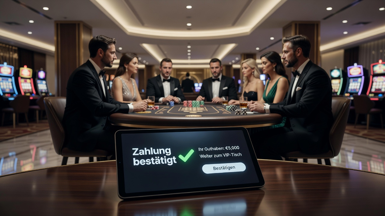 Exklusiver VIP-Tisch mit Live-Dealer in einem deutschen Online-Casino mit Zahlungsbestätigungs-Overlay