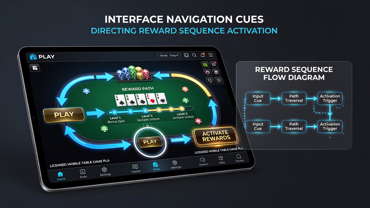 Mobile App-Oberfläche mit Roulette-Tisch und Navigationshinweisen für Belohnungssequenzen