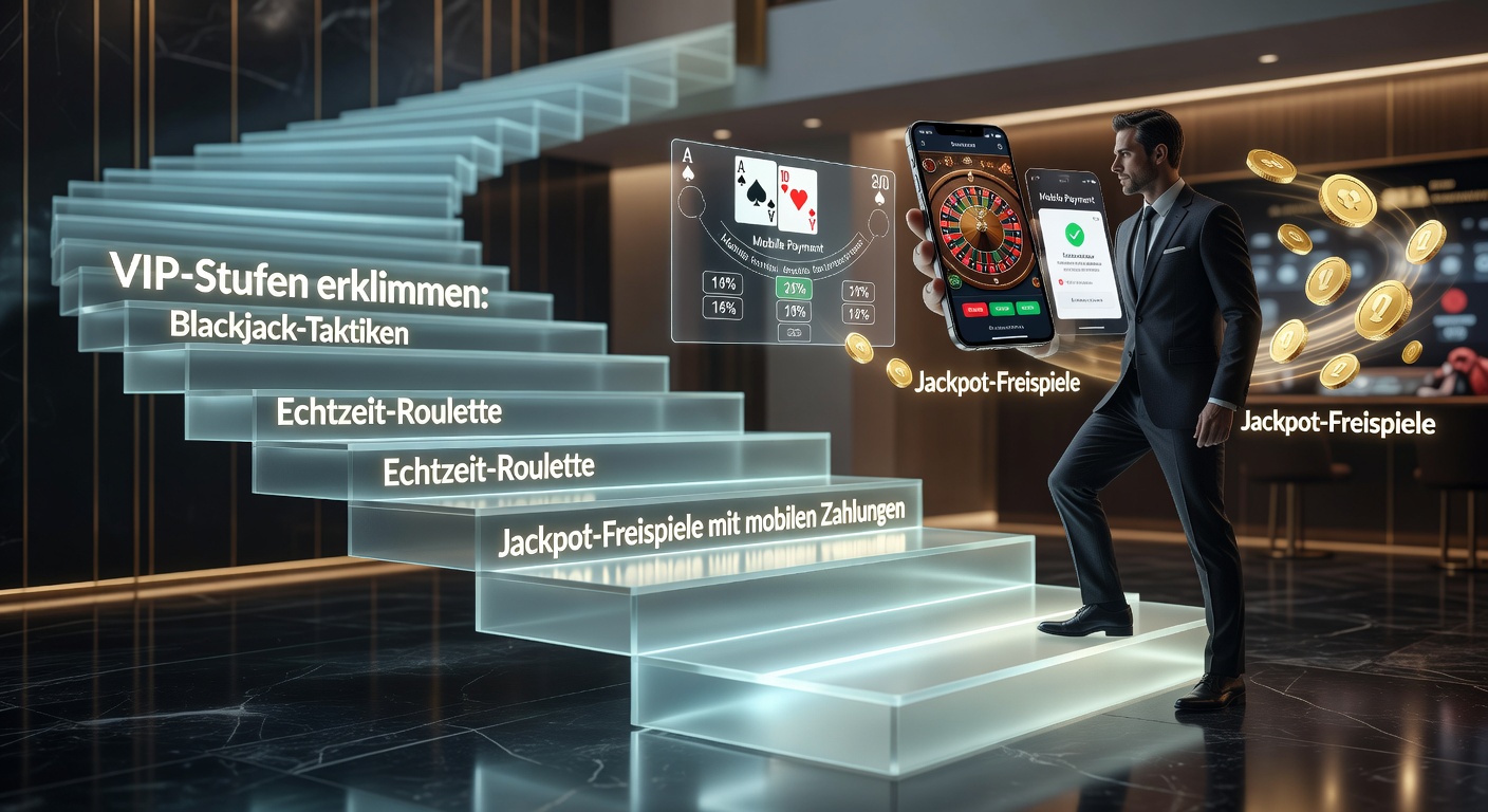Ein Spieler steigt VIP-Stufen in einem Online-Casino hoch, umgeben von Blackjack-Tischen, Roulette-Rädern und Jackpot-Symbolen mit mobilen Zahlungselementen