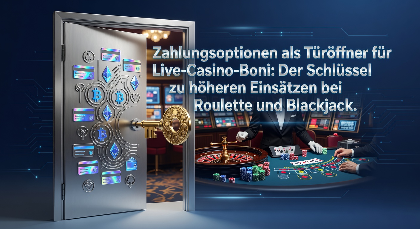 Grafik zeigt verschiedene Zahlungsmethoden wie E-Wallets und Banküberweisungen neben Live-Casino-Tischen mit Roulette und Blackjack, symbolisiert den Zugang zu Boni